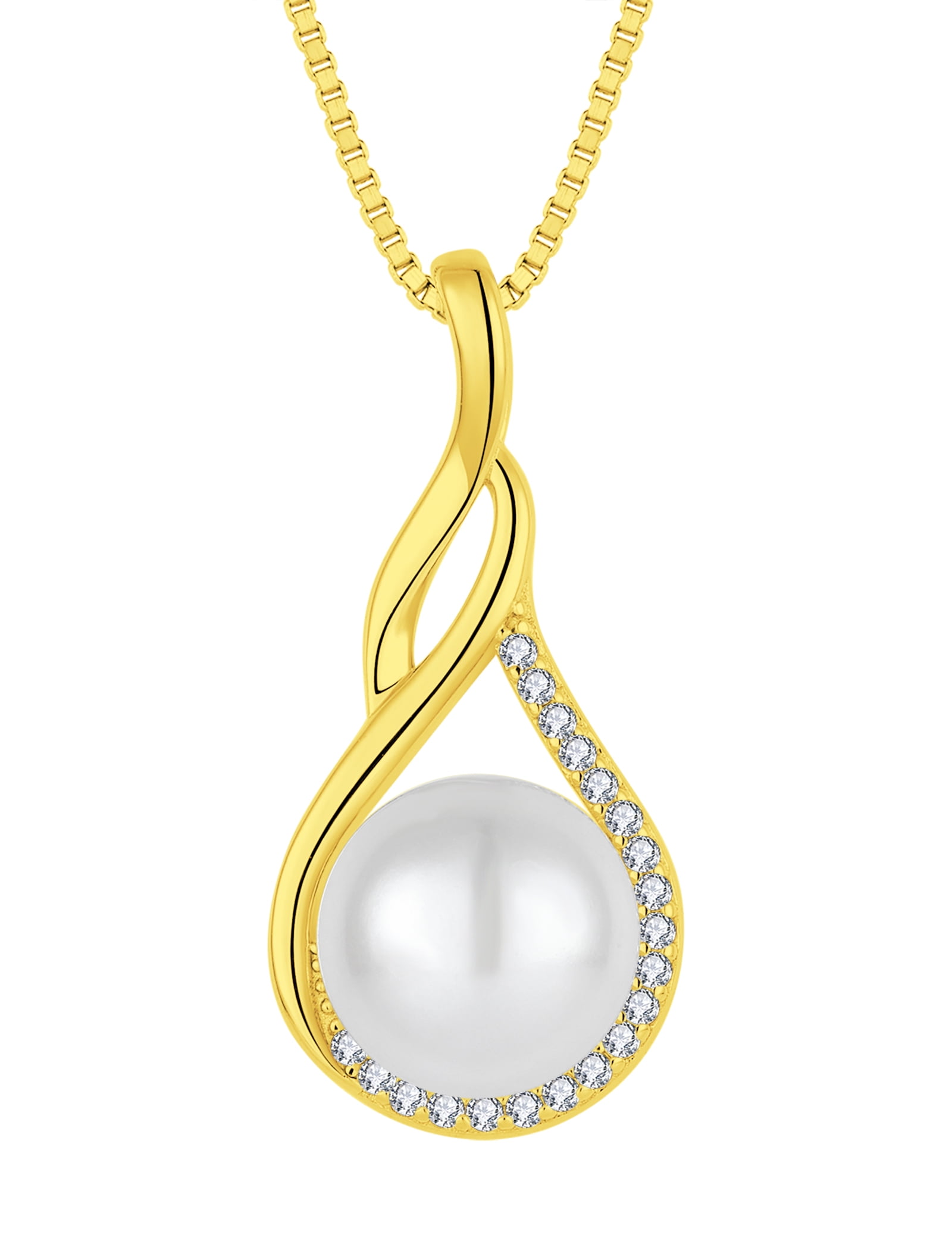 PYNZY Infinity Pearl Necklace for Women, 925 Sterling Silver 18K Yesllow Gold Plated CZ Pearl Pendant Necklace 9MM Freshwater Cultured Pearl Jewelry Gift