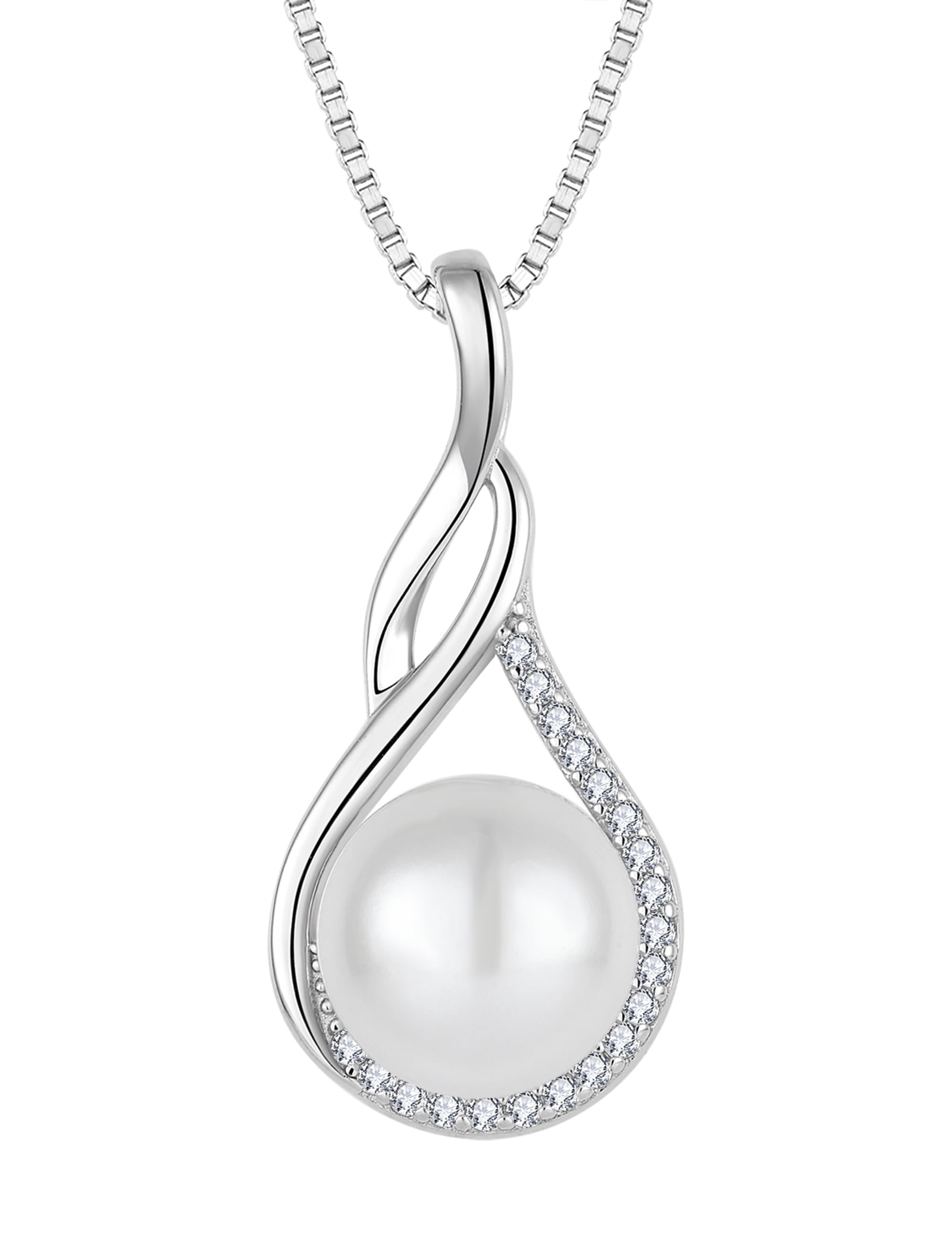 PYNZY Infinity Pearl Necklace for Women, 925 Sterling Silver 18K White Gold Plated CZ Pearl Pendant Necklace 9MM Freshwater Cultured Pearl Jewelry Gift