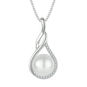 PYNZY Infinity Pearl Necklace for Women, 925 Sterling Silver 18K White Gold Plated CZ Pearl Pendant Necklace 9MM Freshwater Cultured Pearl Jewelry Gift