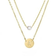 PYNZY Layered Initials Alphabet Necklace Disc Letters A-Z Coin Pearl Pendant Necklace for Women 14K Gold Plated Jewelry as Gift