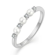 PYNZY Pearl Ring 925 Sterling Silver Stackable Ring for Women, Freshwater Cultured Pearl Promise Ring Band Jewelry Gift Size 6