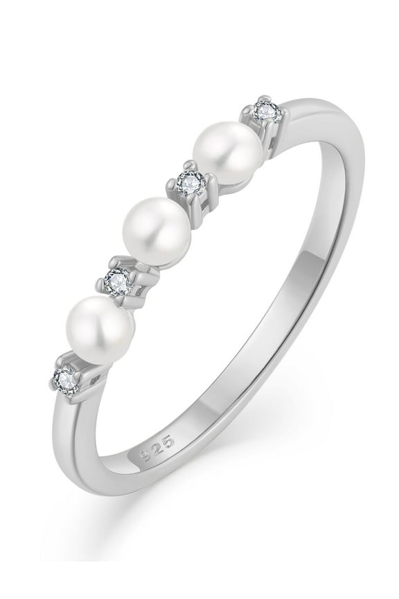 Pearl Ring 925 Sterling Silver Stackable Ring for Women, Freshwater Cultured Pearl Promise Ring Band Jewelry Gift Size 6
