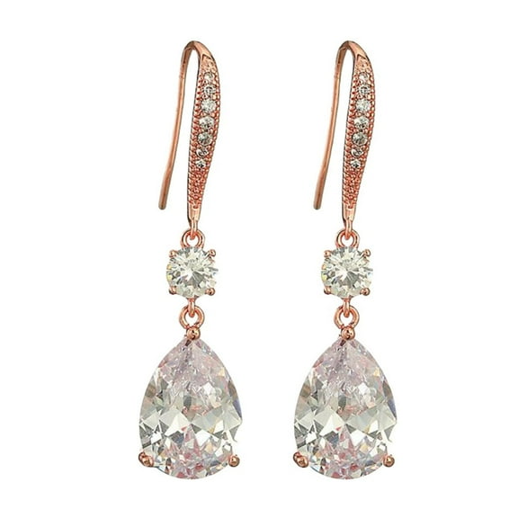 PYNZY Rose Gold Plated Jewelry Teardrop Dangle Hook Earrings for Women's Birthday Wedding Gift by Cubic Zirconia