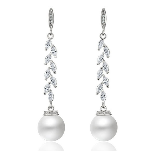 PYNZY Simulated Pearl for Brides Cubic Zirconia Jewelry Dangle Drop Earrings for Women Plated White Gold
