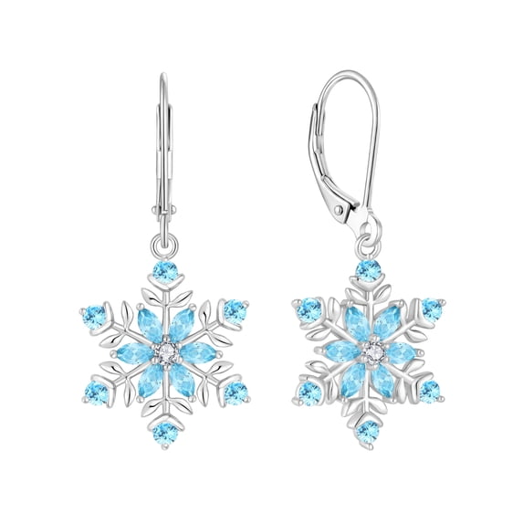 PYNZY Snowflake Earrings 925 Sterling Silver Snowflake Dangle Drop Earrings for Women Sparkle Blue Aquamarine Birthstone Thanksgiving Xmas Christmas Jewerly Gifts