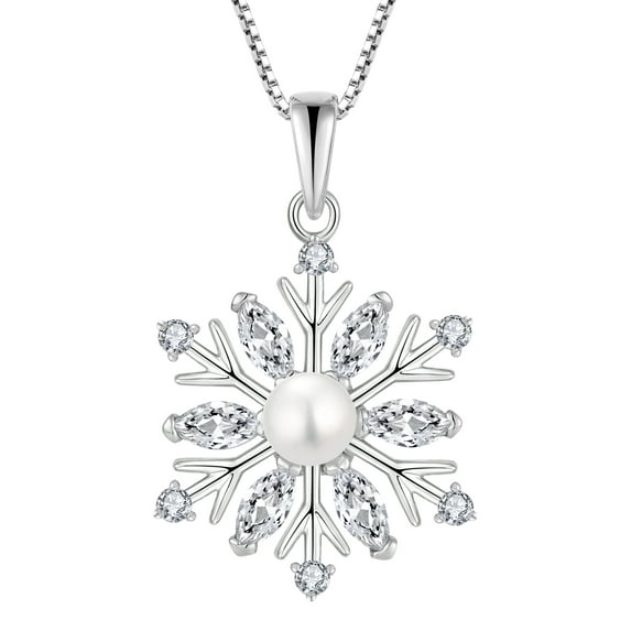 PYNZY Snowflake Necklace for Women 925 Sterling Silver Snowflake Pearl Pendant with 5MM Freshwater Pearl,White Cubic Zirconia Birthstone Christmas Jewelry Gift