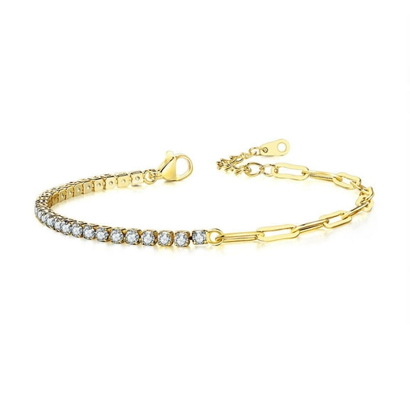PYNZY Stackable Paperclip Link Chain Tennis Bracelet for Women 2.5mm Cubic Zirconia Bracelet Plated 18K Gold Jewelry Plated White Gold