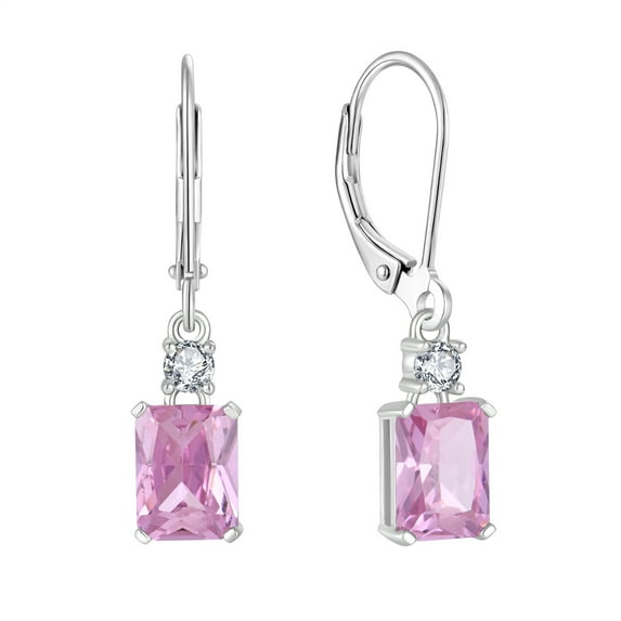PYNZY Sterling Silver Leverback Earrings|8x6mm Dangle Earrings for Women Created Pink Tourmaline Birthstone Jewelry|Wedding Earrings for Evening Wear