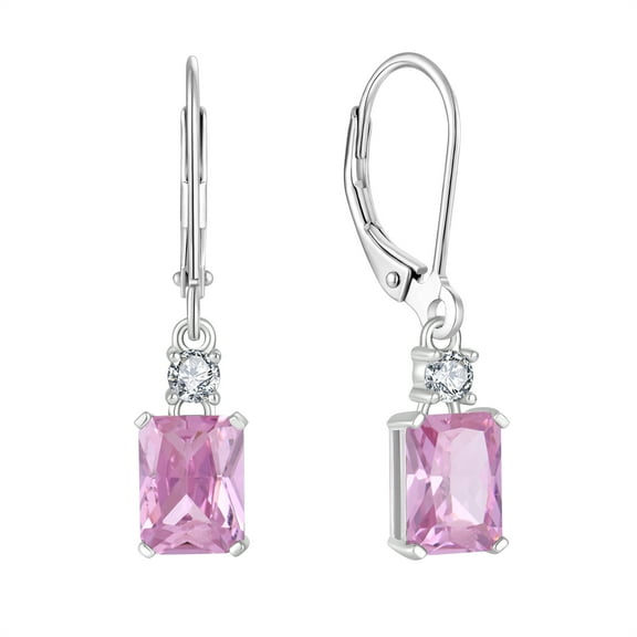 PYNZY Sterling Silver Leverback Earrings|8x6mm Dangle Earrings for Women Created Pink Tourmaline Birthstone Jewelry|Wedding Earrings for Evening Wear