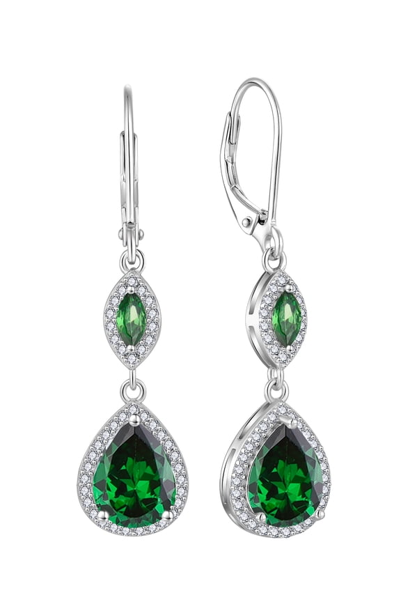 Sterling Silver Wedding Earrings for Brides, Teardrop Dangle Created Emerald Birthstones Earrings with Leverback for Women Jewelry Gifts