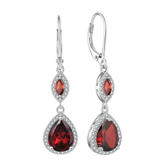 PYNZY Sterling Silver Wedding Earrings for Brides, Teardrop Dangle Created Garnet Birthstones Earrings with Leverback for Women Jewelry Gifts