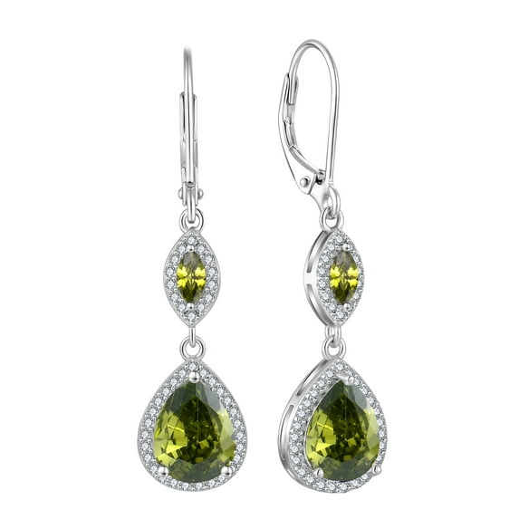 PYNZY Sterling Silver Wedding Earrings for Brides, Teardrop Dangle Created Peridot Birthstones Earrings with Leverback for Women Jewelry Gifts