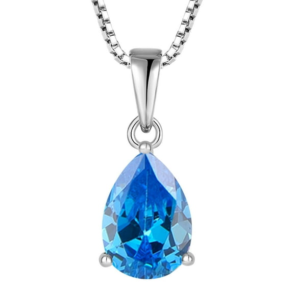 PYNZY Teardrop Necklace for Women 925 Sterling Silver Solitaire Pendant 7x10mm Pear Cut Blue Aquamarine March Birthstone Jewelry as Gift