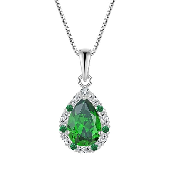 PYNZY Teardrop Dangle Drop Necklace for Women 925 Sterling Silver Halo Pendant 7x10mm Created Emerald Birthstone Jewelry Gift