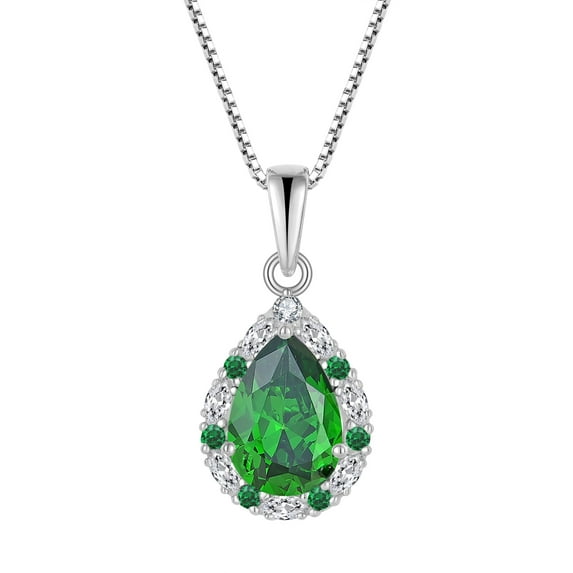 PYNZY Teardrop Dangle Drop Necklace for Women 925 Sterling Silver Halo Pendant 7x10mm Created Emerald Birthstone Jewelry Gift