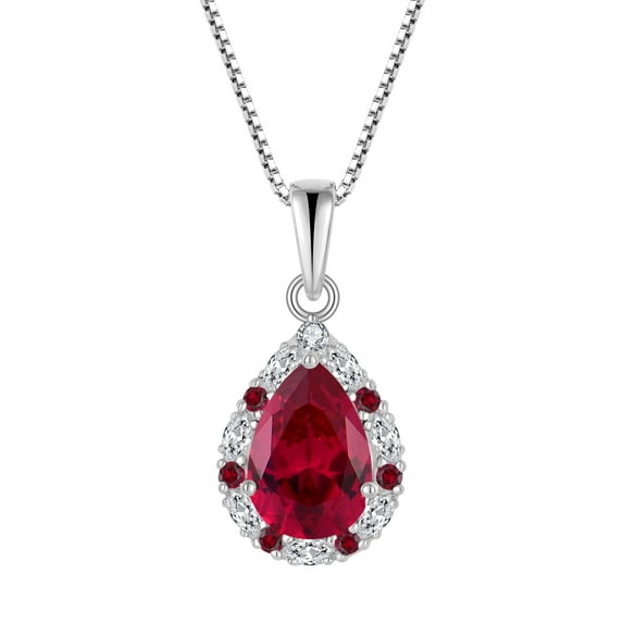 PYNZY Teardrop Dangle Drop Necklace for Women 925 Sterling Silver Halo Pendant 7x10mm Created Ruby Birthstone Jewelry Gift