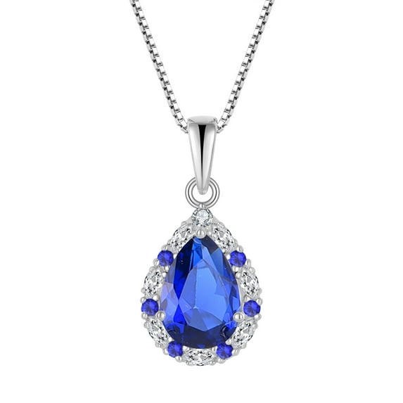 PYNZY Teardrop Dangle Drop Necklace for Women 925 Sterling Silver Halo Pendant 7x10mm Created Sapphire Birthstone Jewelry Gift