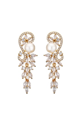 Wedding Pearl Dangle Earrrings for Brides, Cubic Zirconia Flower Drop Earrings for Women Plated Rose Gold