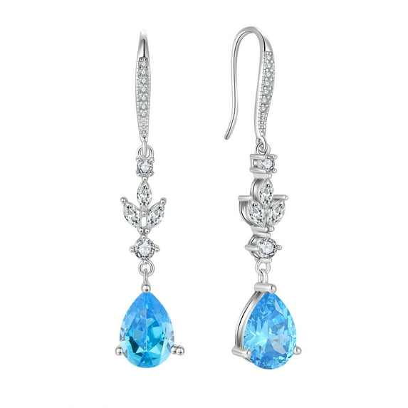 PYNZY Wedding Teardrop Dangle Earrings with 7x10MM Created Aquamarine Birthstones, 925 Sterling Silver Hook Earrings for Women Christmas Jewelry Gifts
