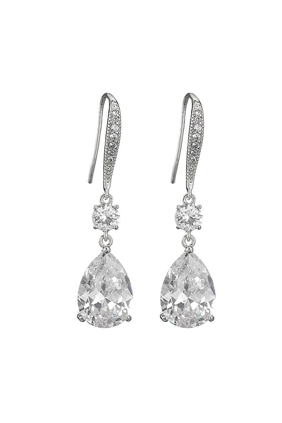 White Gold Plated Jewelry Teardrop Dangle Hook Earrings for Women's Birthday Wedding Gift by Cubic Zirconia