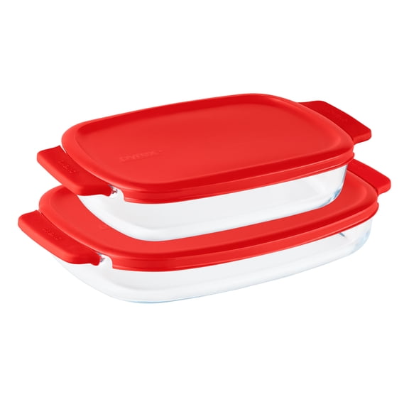 Pyrex EZHold 4-Piece Rectangular Glass Baking Dish Set with Red Plastic Lids