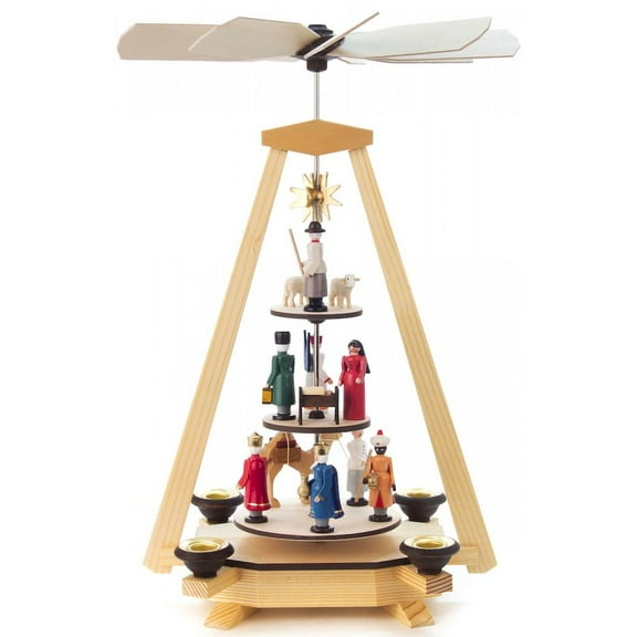 13.5" Brown, Red, and Green Nativity Scene, Wisemen, and Shepherd Three-Tier Decorative Pyramid