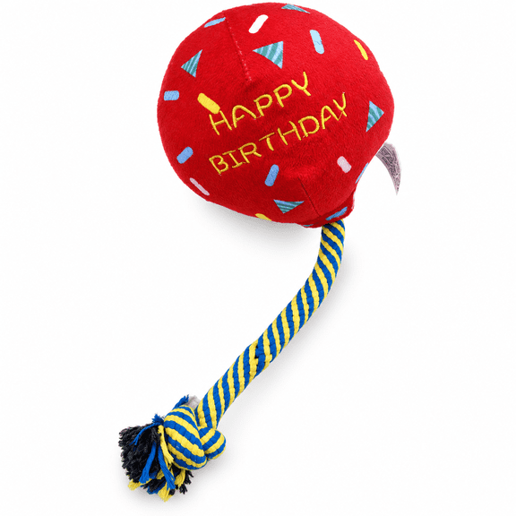 PYROEPLEEA Birthday Balloon Plush Rope Dog Toy, Celebration Tug and Toss Toy, Red and Blue, 1 Count