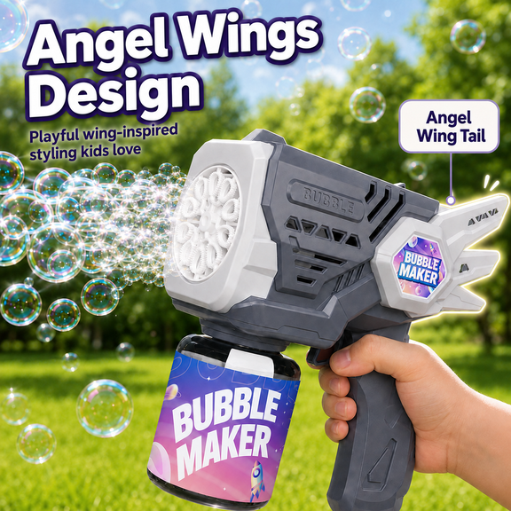PYROEPLEEA Bubble Machine for Kids, Angel Wings Handheld Bubble Maker, USB Rechargeable Outdoor Bubble Toy for Boys Girls Ages 3 ,Grey