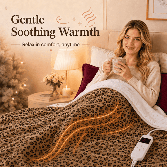 PYROEPLEEA Heated Throw Blanket 50 x 60 in, Flannel Sherpa, 6 Heat Settings, 1-12 Hour Auto Off, Machine Washable for Couch or Bed-Caramel Leopard