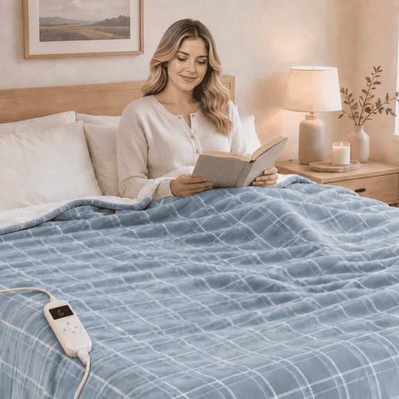 PYROEPLEEA Heated Throw Blanket 50 x 60 in, Flannel Sherpa, 6 Heat Settings, 1-12 Hour Auto Off, Machine Washable for Couch or Bed-Light Gray Plaid