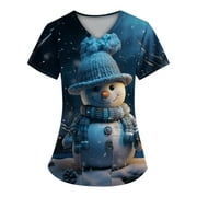 USOCUTE PYUEXIA Christmas Scrub Tops for Women Beautiful Snowman Shirt Scrubs Nurse Gifts Uniform with Pockets Blue M