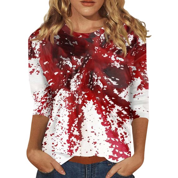 PYUEXIA I'm Fine Shirt Womens Tops 3/4 Sleeve Crew Neck Splatter Blood Letter Halloween T Shirts 2024 Three Quarter Length Shirts White XL