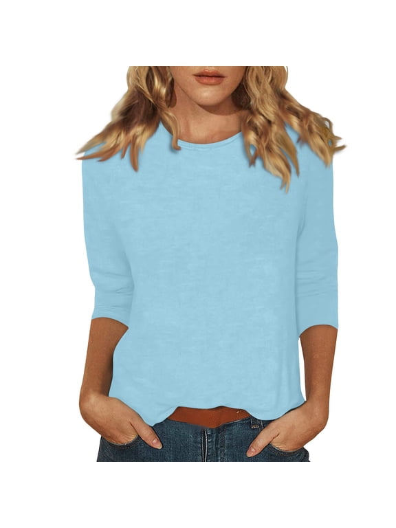Womens Tops 3/4 Sleeve Crew Neck Cotton Tees Floral Print Summer T Shirts 2024 Three Quarter Length Shirts Light Blue XL