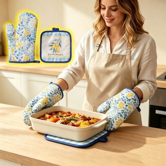PYURTEP 4 Pack Oven Mitts and Pot Holders Sets, Lemon Lavender Print Cotton Kitchen Gloves, Heat Resistant Oven Mitt and Potholder for Cooking Baking
