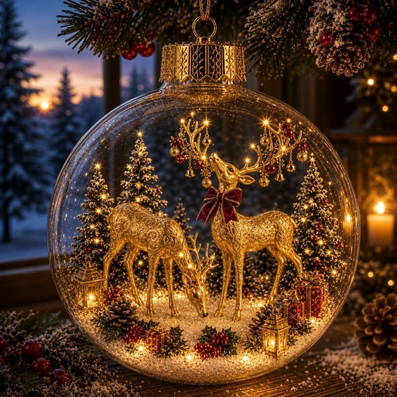 PYURTEP Christmas Ball Ornaments, Clear Light‑Up Hanging Ornament with 3D Inside Scene Reindeer, Decorative Ball for Xmas Tree Christmas Decor Gift