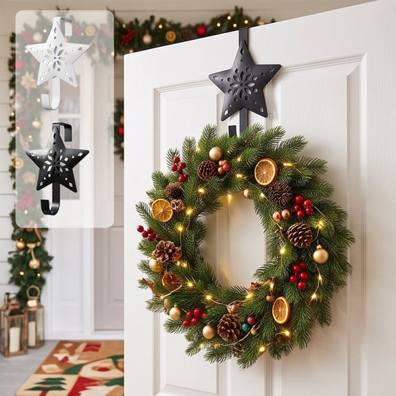 PYURTEP Christmas Door Hook, No Drill Heavy Duty Wall Hook, Decorative Star Wreath Hook for Clothes Bag Wreath Hanging, 3.62 x 5.51 inch, Black
