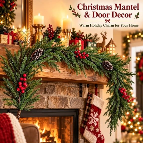 PYURTEP Christmas Garland, Artificial Pine Garland with Red Berries Pine Cones for Fireplace Mantel Door Indoor Outdoor Christmas Decor, 47.2 inch