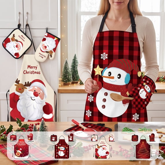 PYURTEP Christmas Kitchen Apron Oven Mitts Pot Holders Set, Heat Resistant Cotton Cooking Set, Christmas Kitchen Gift for Women Men Holiday Decor