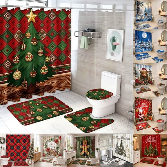 PYURTEP Christmas Shower Curtain Sets, 4 Pcs Bathroom Christmas Decor Set with Plaid Xmas Tree Shower Curtain, Bath Mat, U-Shaped Rugs and Toilet Lid Cover with 12 Hooks