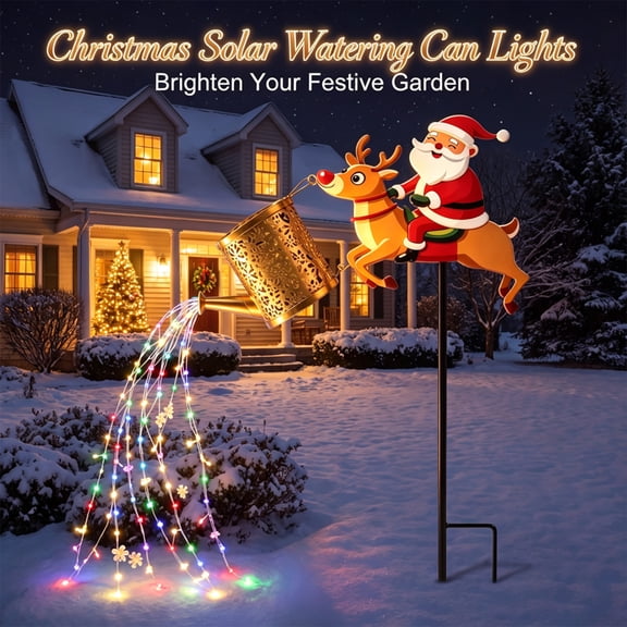 PYURTEP Christmas Solar Watering Can Lights, Santa Claus on Deer Solar Lights Outdoor, Waterproof Christmas Decorations for Lawn Patio Yard Decor