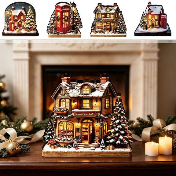 PYURTEP Christmas Village House, LED Lighted Wooden Gift Shop Ornament Light Up Xmas Cottage for Tabletop Mantel, 4.72 x 4.33 x 0.79 inch