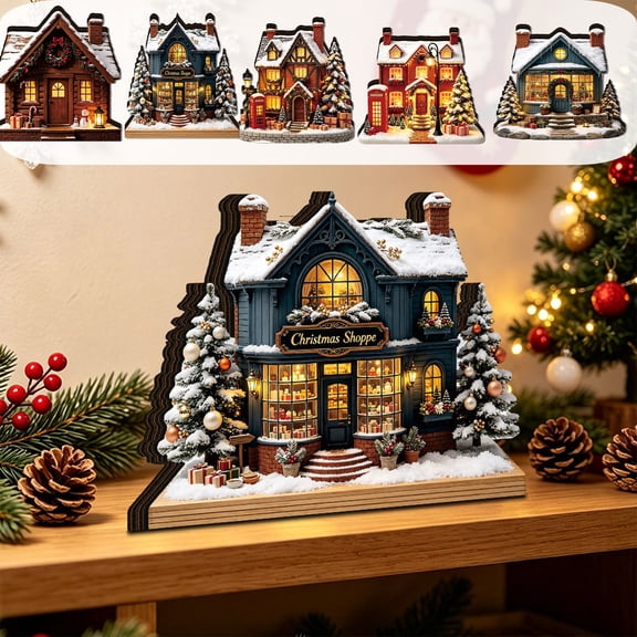 PYURTEP Christmas Village Houses, LED Wooden Cottage Figurines, Warm Glow Snow House for Christmas Tabletop Decor, 4.72 x 4.33 x 0.79 inch