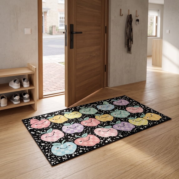 PYURTEP Classroom Rug, Non‑Slip Absorbent Protective Door Mat, Smiling Apples Printed Floor Mat for Back to School Classroom Study Room Decor