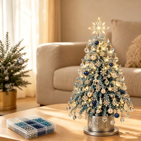 PYURTEP DIY Beaded Christmas Tree Kit, Winter Handmade Beads Craft Set with Lights, Creative Christmas Decorations for Table Decor Holiday Gift