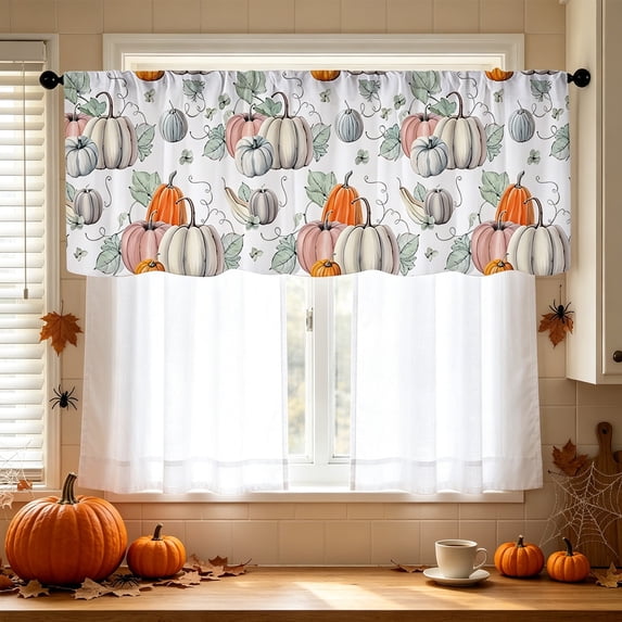 PYURTEP Fall Curtains, Pumpkin Maple Leaf Printed Short Curtain, Light‑Filtering Decorative Curtains for Kitchen Halloween Thanksgiving Decor