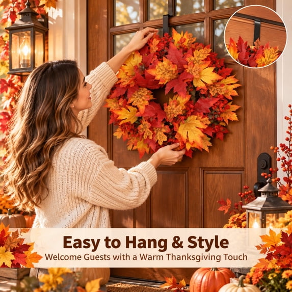 PYURTEP Fall Wreaths for Front Door, Artificial Maple Leaf Wreath, Thanksgiving Harvest Fall Decor for Wall Window, 16.54 inch