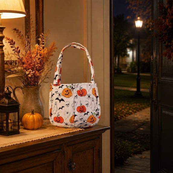 PYURTEP Halloween Bags, Large Portable Cloth Tote Bag with Pumpkin Ghost Print, Trick‑or‑Treat Candy Bucket for Halloween Party Favors