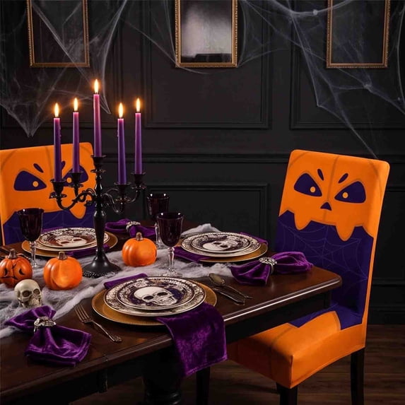 PYURTEP Halloween Chair Covers, Spooky Face Slipcovers, Double-Sided Printed Decorative Chair Covers for Indoor Outdoor Dining Halloween Decor