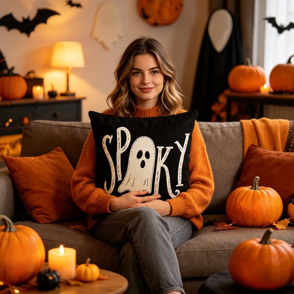 PYURTEP Halloween Decor Pillow Covers 18x18 inch, Hey Boo Spooky Ghost Pattern Pillow Covers Soft Premium Pillowcases for Sofa Couch Bed