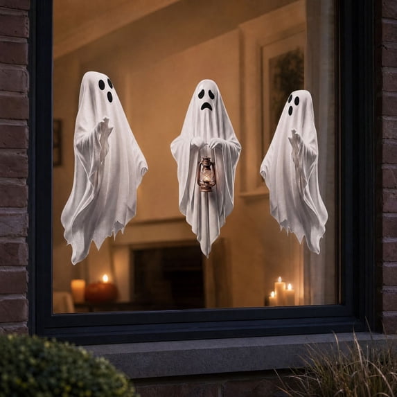 PYURTEP Halloween Decorations Window Clings 3Pcs, Reusable Large White Ghost Decal, Removable Glass Stickers for Home Window, Mirror Halloween Decor